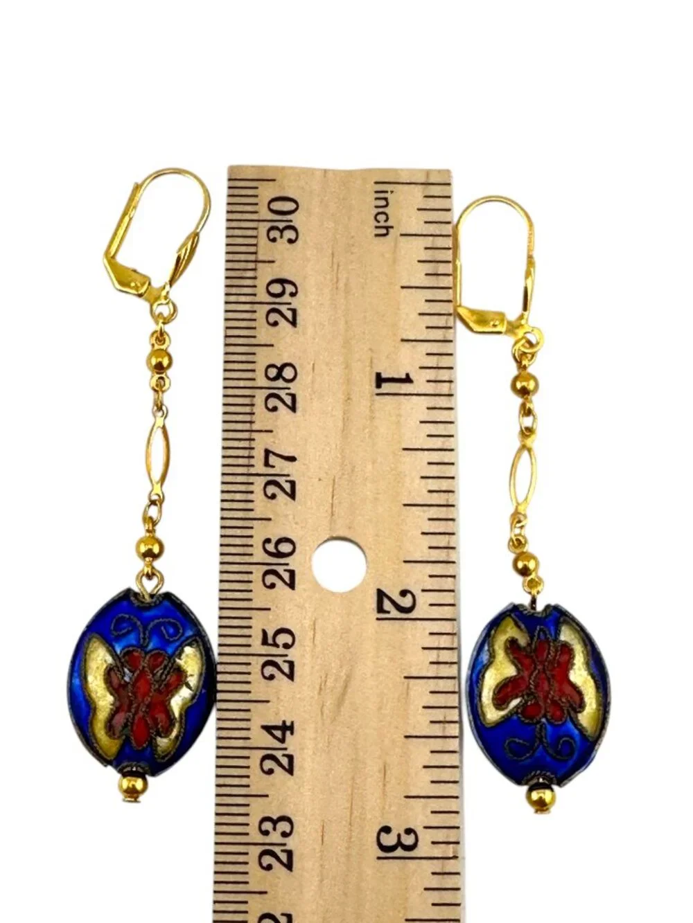 Blue Cloisonné Floral Butterfly Dangle Earrings Gold Leverback 2.75